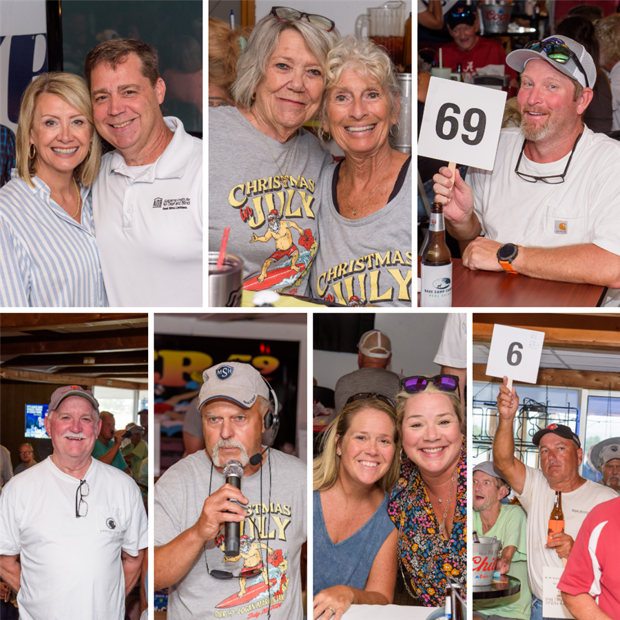  A collage of photos from Christmas in July featuring various participants.